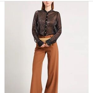 NWT ZADIG  & VOLTAIRE Tino Lurex Long Sleeve Metallic Black Sheer Button Down L